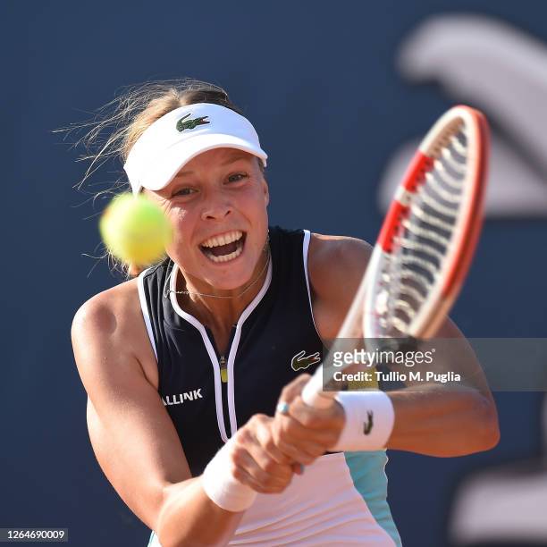 Anett Kontaveit of Estonia returns a shot against Petra Martic of Croatia during 31st Palermo Ladies Open - Semi Finals on August 08, 2020 in...