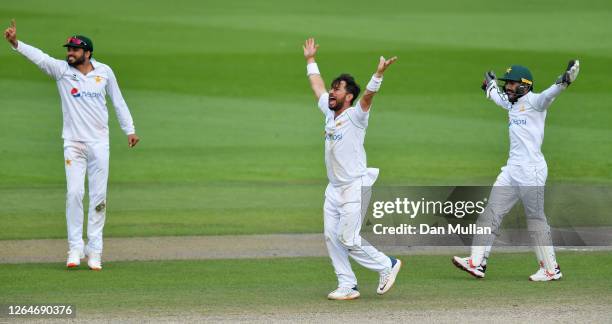 Azhar Ali , Yasir Shah and Mohammad Rizwan of Pakistan appeal unsuccessfully for the wicket of Jos Buttler of England during Day Four of the 1st...