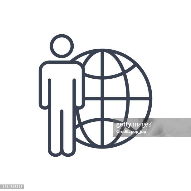 outsourcing vector icon - man figure and globe - remote collaboration stock illustrations