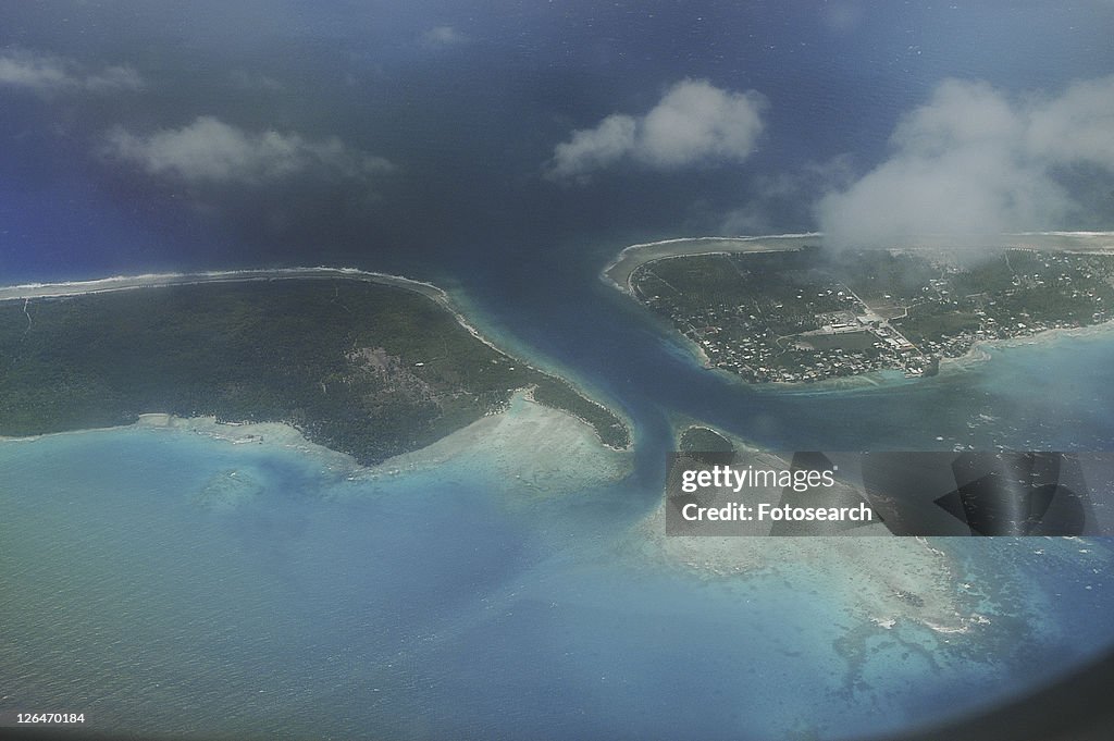 Aerial Rangiroa atoll, lagoon and coral reefs, Marshall Islands, Pacific Ocean.
