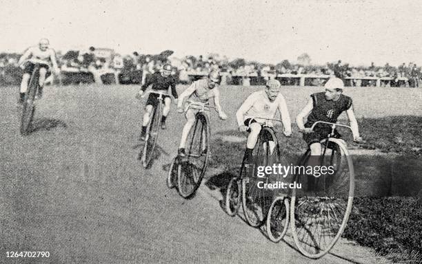 penny farthing bicycle race in the velodrome, berlin - vintage bicycle stock illustrations