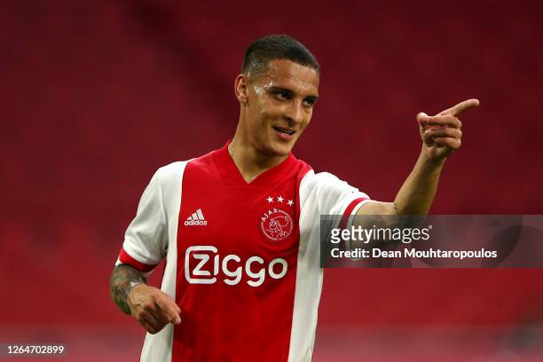 Antony of Ajax celebrates scoring his teams fifth goal of the game during the pre-season friendly match between Ajax Amsterdam and RKC Waalwijk at...