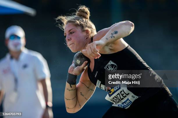 Alina Kenzel competes during final of women during the shot put competition of the German Athletics Championships 2020 at Eintracht Stadion on August...