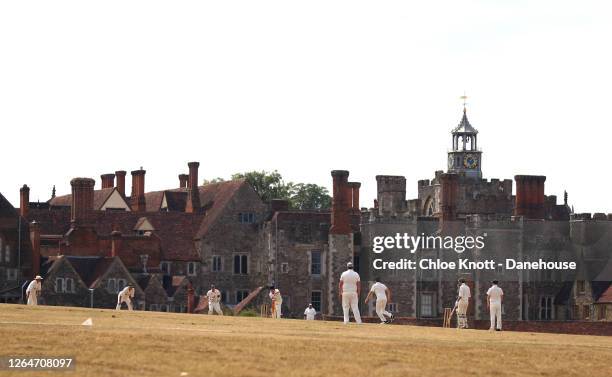 General view of the match during the in the Friendly Match between Sennoke CC v Leigh CC at Sennocke Cricket Club on August 08, 2020 in Sevenoaks,...