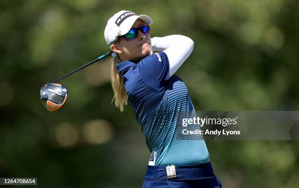 Jodi Ewart Shadoff of England hits a tee shot on the third hole during the third round of the Marathon LPGA Classic at Highland Meadows Golf Club on...