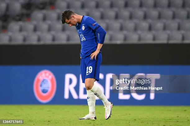 Mason Mount of Chelsea reacts after his teams defeat during the UEFA Champions League round of 16 second leg match between FC Bayern Muenchen and...