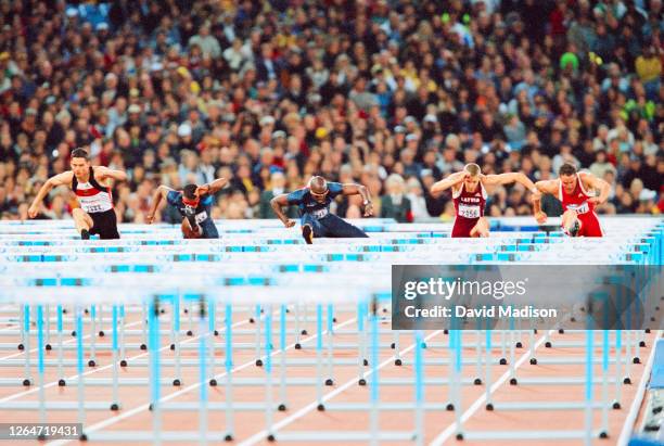 Florian Schwarthoff of Germany, Terrence Trammell of the USA, Allen Johnson of the USA, Stanislavs Olijars of Latvia, and Tomasz Scigaczewski of...