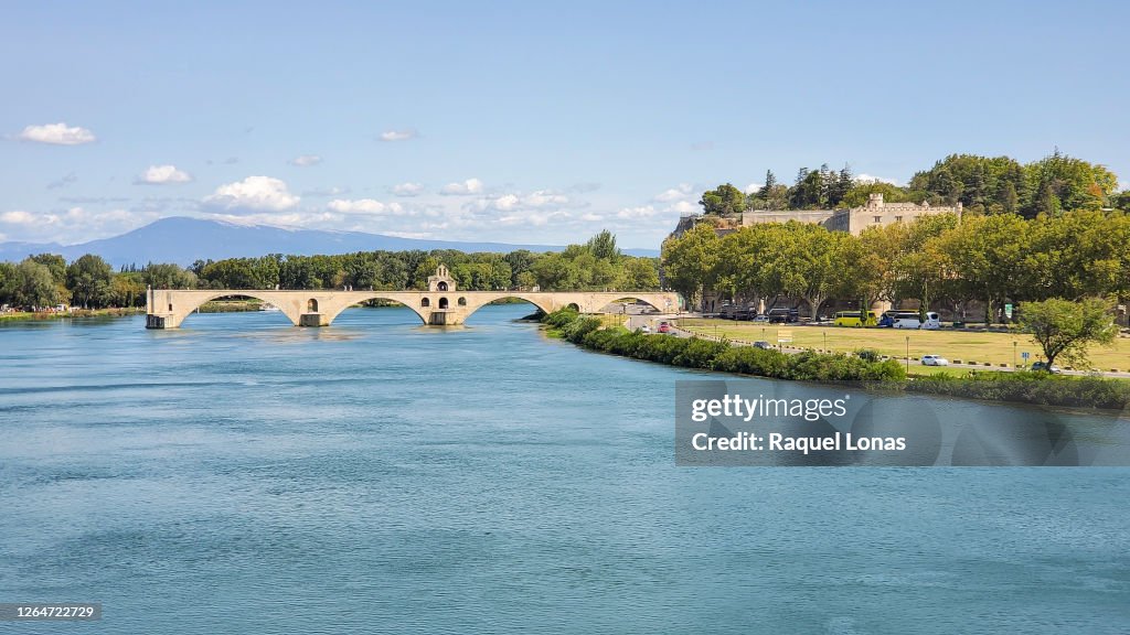 Rhone River and Pont d'Avignon, also known as Pont Saint-Benezet, over the Rhone River in Avignon, France