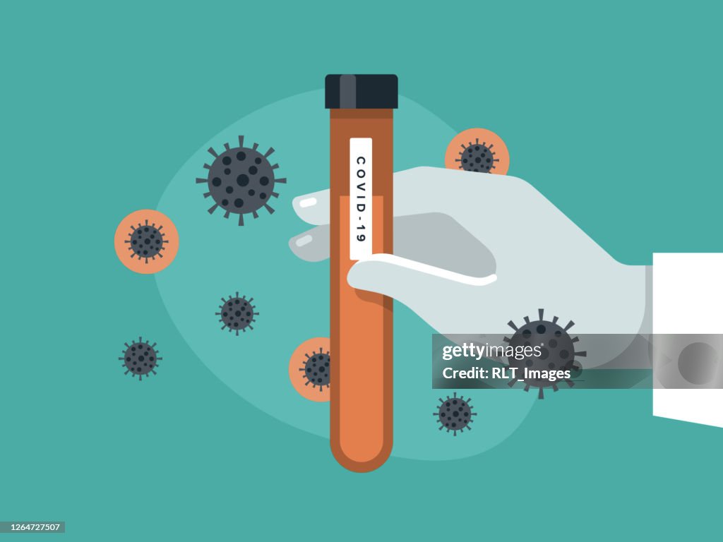 Illustration of a gloved hand holding a test tube of COVID-19