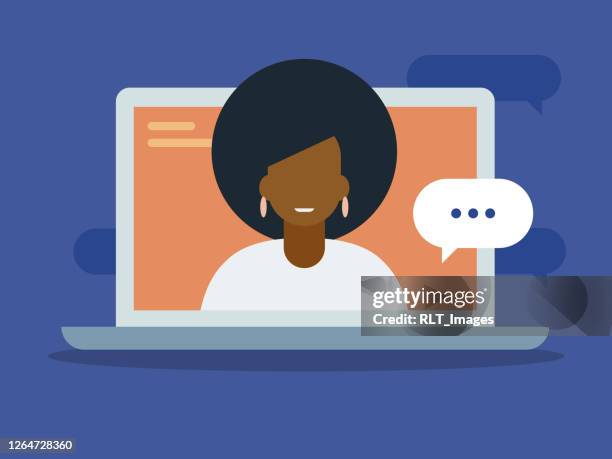 illustration of young woman having discussion on laptop computer screen - afro stock illustrations