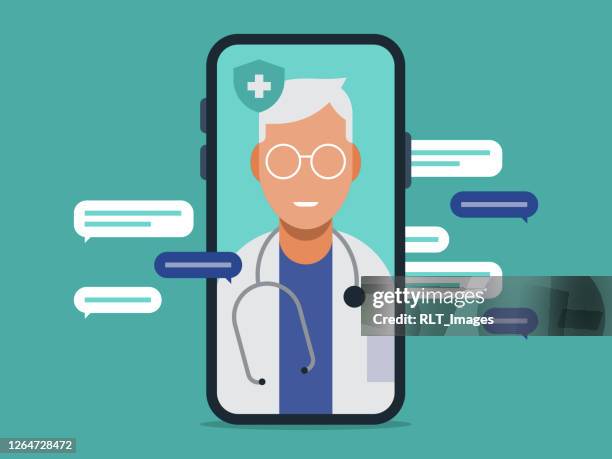 stockillustraties, clipart, cartoons en iconen met illustratie van telemedicine arts bezoek medisch onderzoek op smartphone - alleen één seniore man
