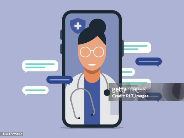 illustration der telemedizin arzt besuchen medizinische untersuchung auf dem smartphone - doctor stock-grafiken, -clipart, -cartoons und -symbole