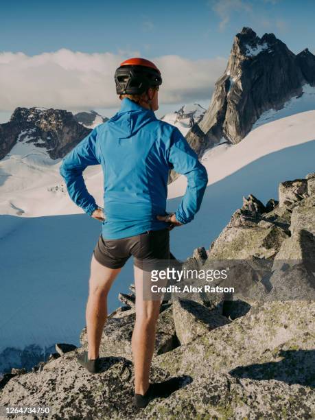 man stands with out his pants on while standing on side of mountain looking out at glaciers and rocky mountains - no pants day photos et images de collection