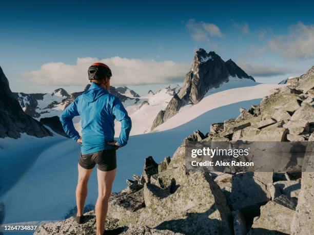 man stands with out his pants on while standing on side of mountain looking out at glaciers and rocky mountains - no pants day photos et images de collection