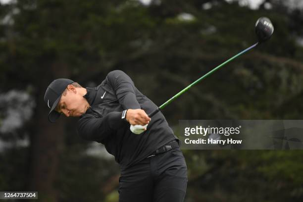 Cameron Champ on the United States plays a shot from the 14th tee during the third round of the 2020 PGA Championship at TPC Harding Park on August...