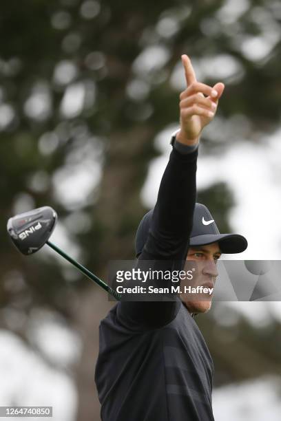 Cameron Champ on the United States reacts to his tee shot on the 15th hole during the third round of the 2020 PGA Championship at TPC Harding Park on...