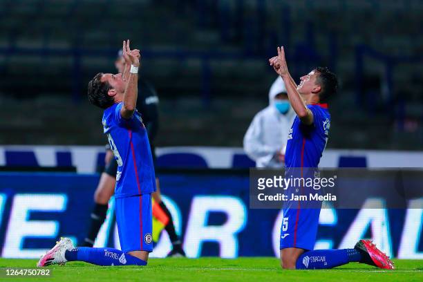 Santiago Gimenez of Cruz Azul celebrates with Igor Lichnovsky after scoring the second goal of his team during the 3rd round match between Cruz Azul...