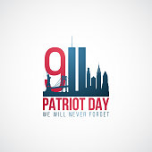 Twin Towers, 911. USA Patriot Day banner. World Trade Center. We will never forget. Stock vector illustration.