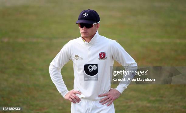 Sam Billings of Kent looks on prior to Day 2 of the Bob Willis Trophy match between Kent and Sussex at The Spitfire Ground on August 09, 2020 in...