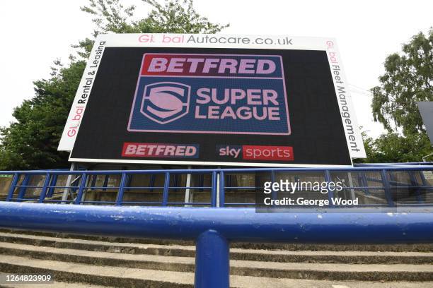 The Betfred Super League logo is seen on the big screen ahead of the Betfred Super League match between Salford Red Devils and Hull FC at Emerald...