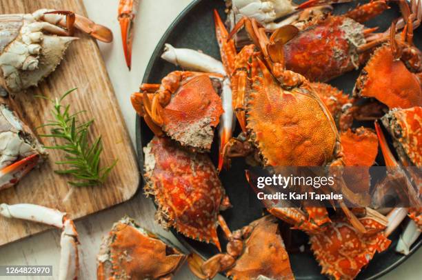 boiled blue crabs on the plate and cutting board - blue crab stock pictures, royalty-free photos & images