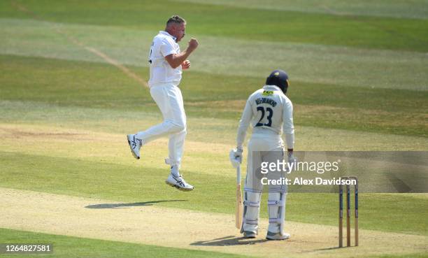 Mitchell Claydon of Sussex celebrates taking the wicket of Daniel Bell-Drummond of Kent during Day 2 of the Bob Willis Trophy match between Kent and...