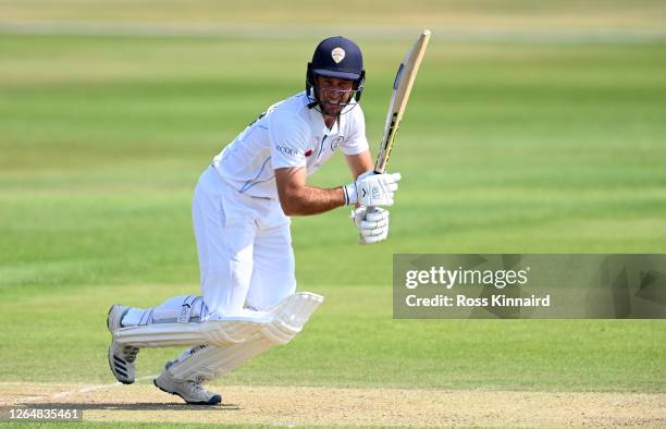 Wayne Madsen of Derbyshire plays a shot on the way to his century during the second day of the Bob Willis Trophy at Fischer County Ground on August...