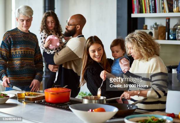 family gathering at home for reunion dinner - person gemischter abstammung stock-fotos und bilder