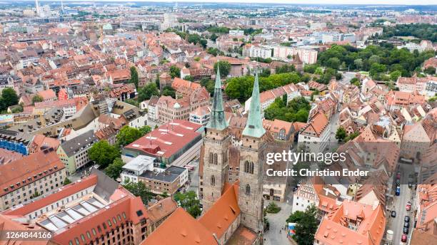 In this aerial view St. Sebald church , one of the the oldest churches of the city, stands during the novel coronavirus pandemic on July 05, 2020 in...