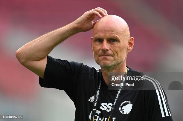 Stale Solbakken, Manager of FC Kobenhavn reacts ahead of a training session ahead of their UEFA Europa League Quarter Final match against Manchester...