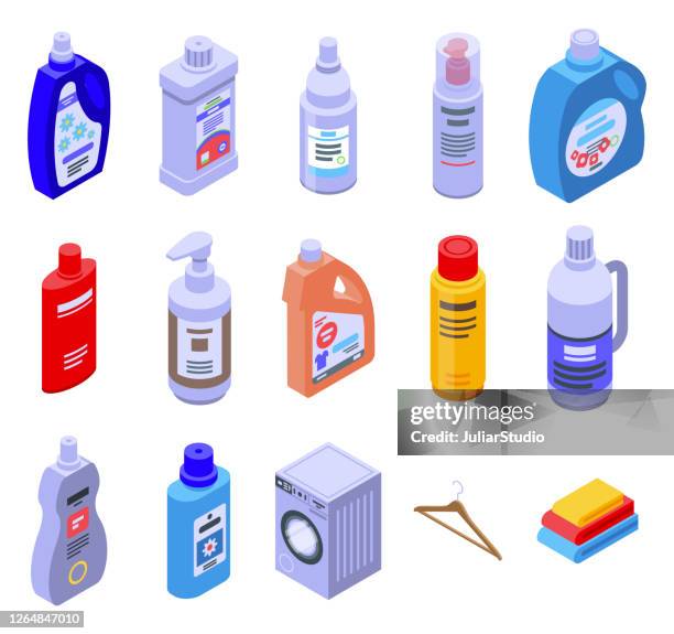 softener icons set, isometric style - fabric softener bottle stock illustrations