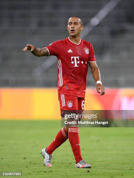 Thiago of FC Bayern München gestures during the UEFA Champions League round of 16 second leg match between FC Bayern Muenchen and Chelsea FC at...