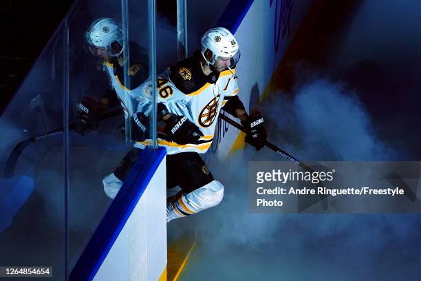 David Krejci of the Boston Bruins takes the ice prior to Eastern Conference Round Robin game against the Washington Capitals during the 2020 NHL...
