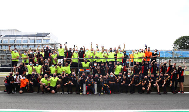 The Red Bull F1 team celebrating Verstappen's win at the 2020 70th Anniversary Grand Prix (Image Credit: Mark Thompson / Getty Images)