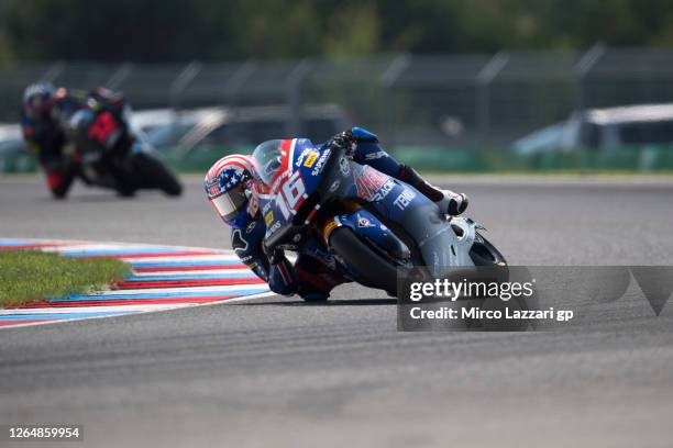 Joe Roberts of USA and American Racing rounds the bend during the Moto2 race during the MotoGP Of Czech Republic at Brno Circuit on August 09, 2020...