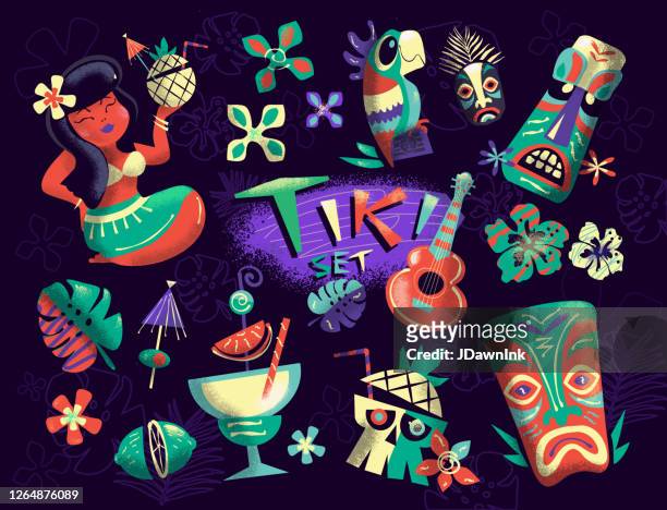 hawaiian tiki party-ikone-set - frangipani background stock-grafiken, -clipart, -cartoons und -symbole