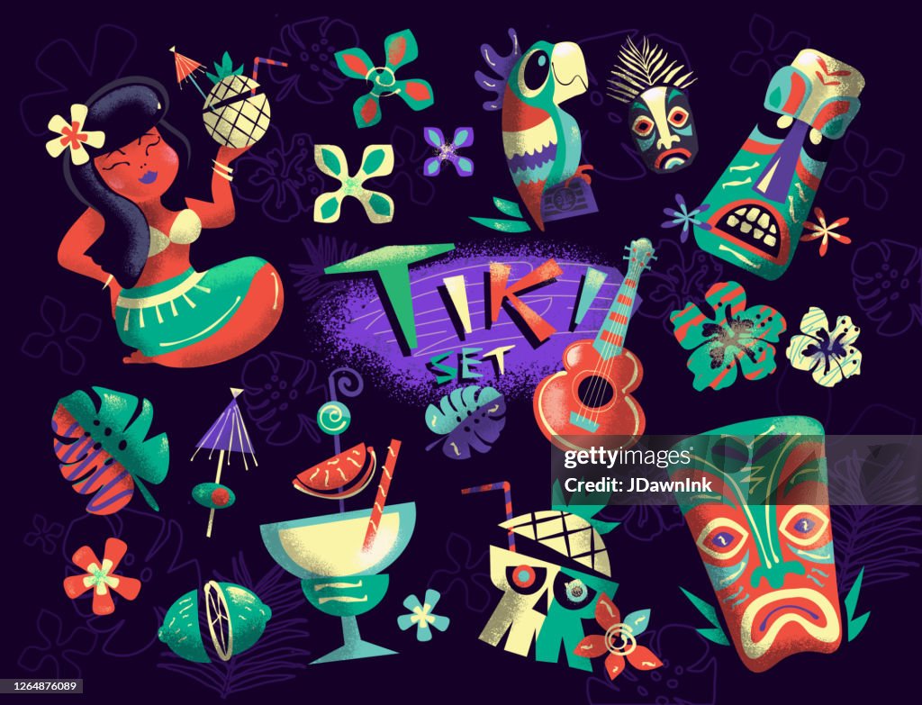 Conjunto de iconos de fiesta Tiki hawaiano