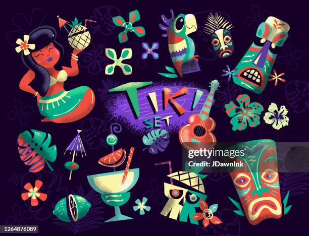 ilustraciones, imágenes clip art, dibujos animados e iconos de stock de conjunto de iconos de fiesta tiki hawaiano - polynesian culture