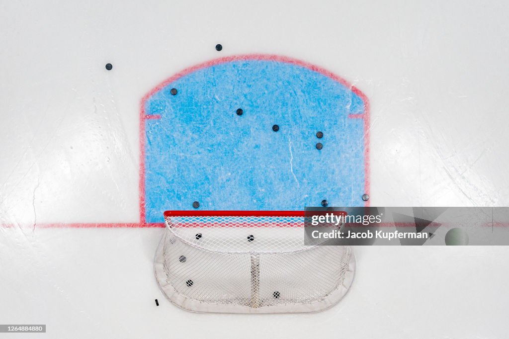 Hockey Net with Pucks from Above