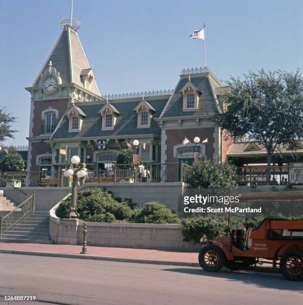 Exterior view of Disneyland's Main Street Station, the starting point for a railroad tour around Magic Kingdom, Anaheim, California, August 1963.