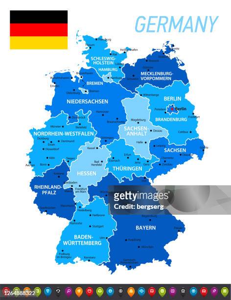 illustrazioni stock, clip art, cartoni animati e icone di tendenza di mappa blu della germania con bandiera nazionale tedesca. illustrazione blu vettoriale con regioni, set di icone e capitali - polonia