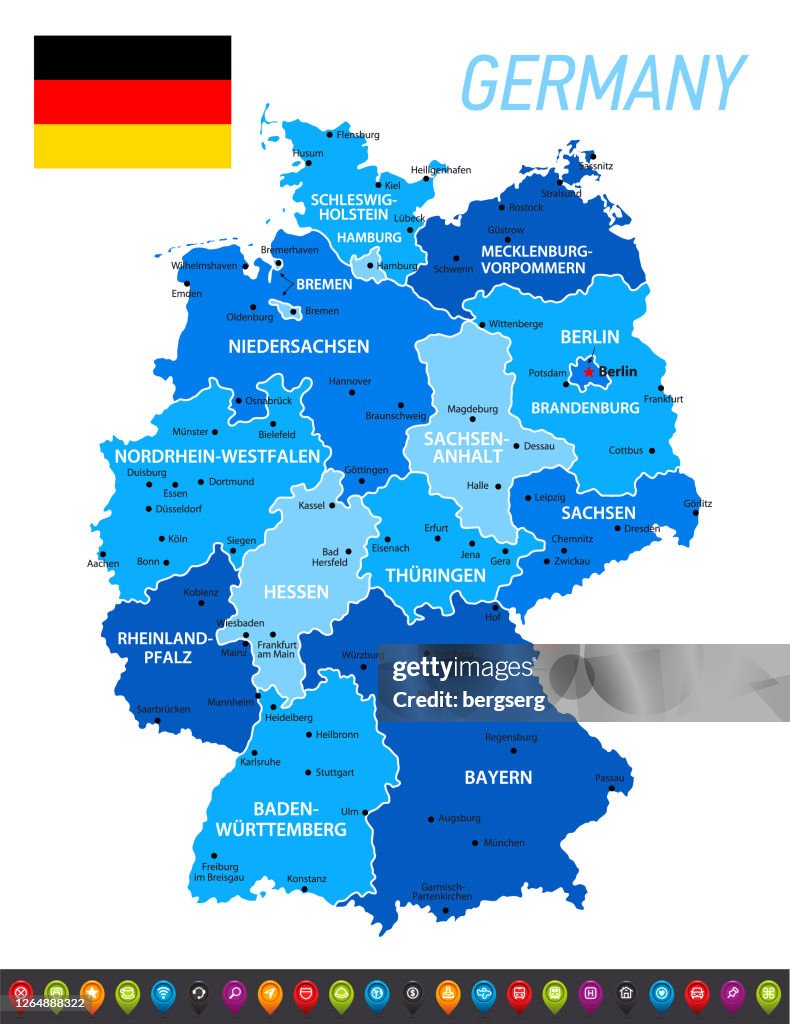 Germany Blue Map with National German Flag. Vector Blue Illustration with regions, icon set and capital cities
