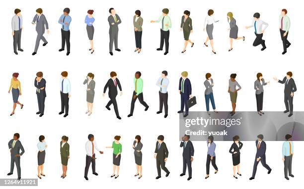 ilustraciones, imágenes clip art, dibujos animados e iconos de stock de conjunto de empresarios isométricos - proyección-isométrica