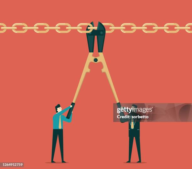 cut the chain - broken shackles stock illustrations