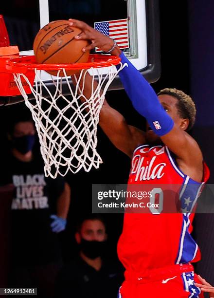 Josh Richardson of the Philadelphia 76ers dunks against the Portland Trail Blazers during the third quarter at Visa Athletic Center at ESPN Wide...