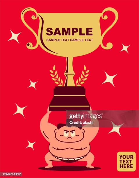 sumo wrestler crouching, arms raised, lifting a super big grand sumo tournament trophy - fat asian man stock illustrations
