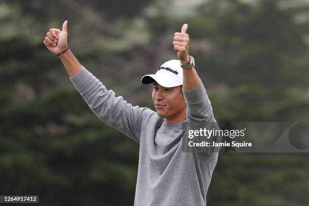 Collin Morikawa of the United States celebrates during the trophy presentation ceremony after winning the final round of the 2020 PGA Championship at...