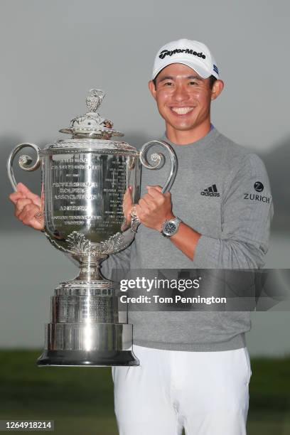 Collin Morikawa of the United States celebrates with the Wanamaker Trophy after winning during the final round of the 2020 PGA Championship at TPC...