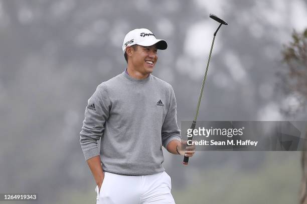 Collin Morikawa of the United States celebrates after making his final putt on the 18th green during the final round of the 2020 PGA Championship at...