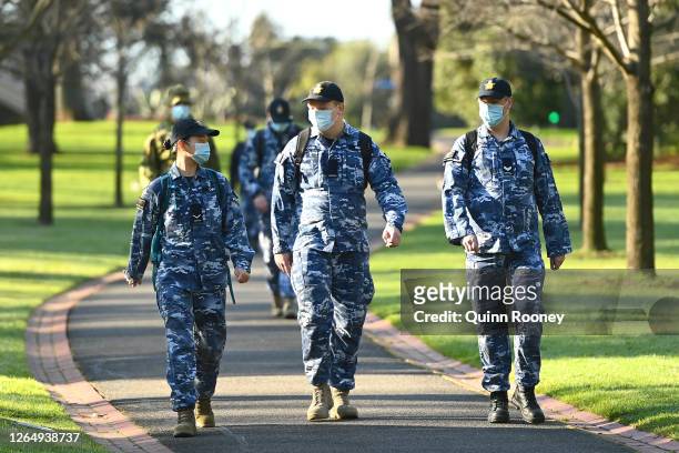 Members of the Australian Defence Force walk through Fitzroy Gardens on August 10, 2020 in Melbourne, Australia. Metropolitan Melbourne is under...